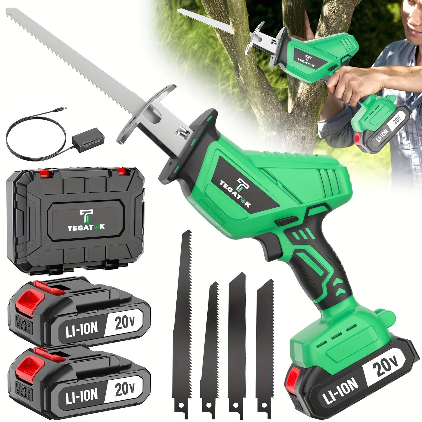 Electric Reciprocating Saw Cordless with LED Light & Safety Lock, Multi-Purpose Cutting Tool with Replaceable Blades