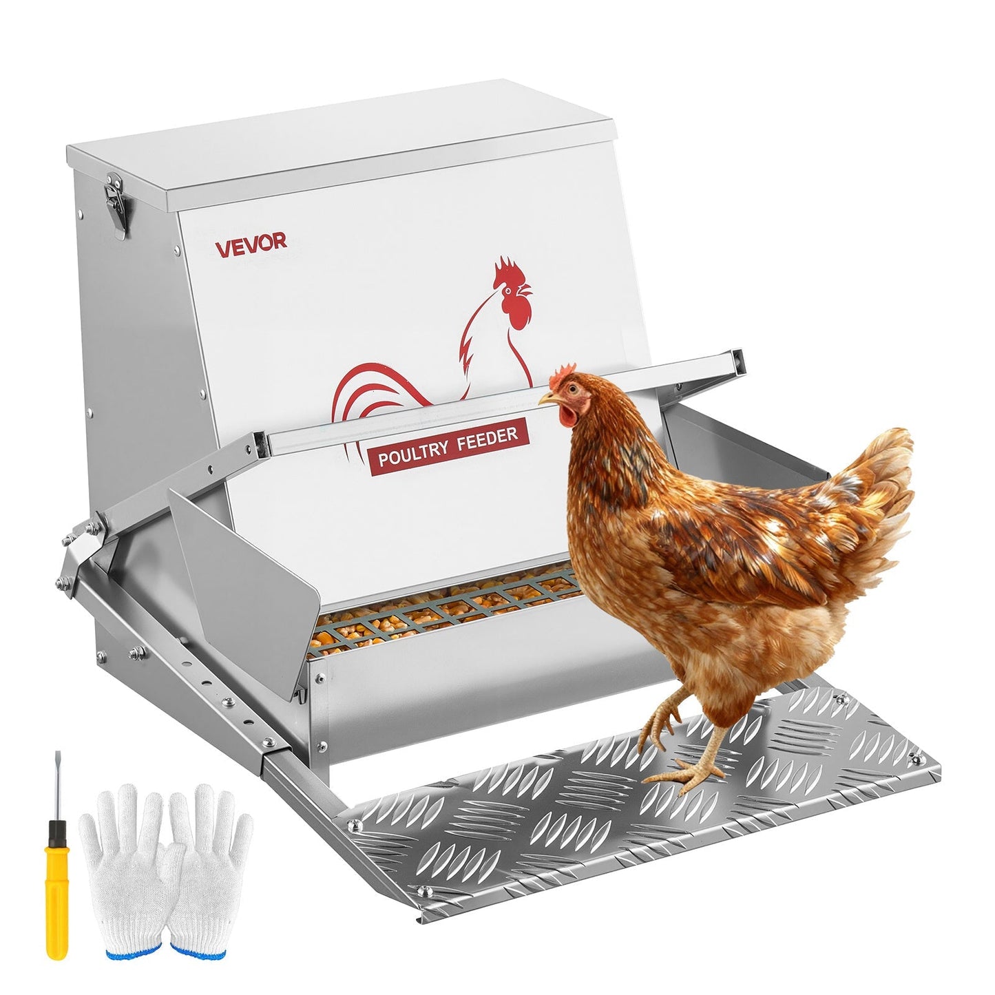 Chicken Feeder Treadle Galvanized Steel Lockable for Garden, Patio and Yard Use, with the Listed Configuration