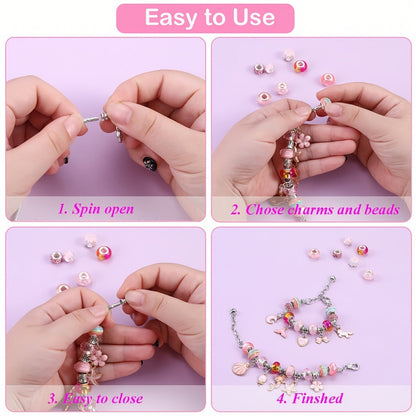 Bracelet Making Craft Kit with Portable Jewelry Box, Beads and Charms in Seven Color or Theme Options