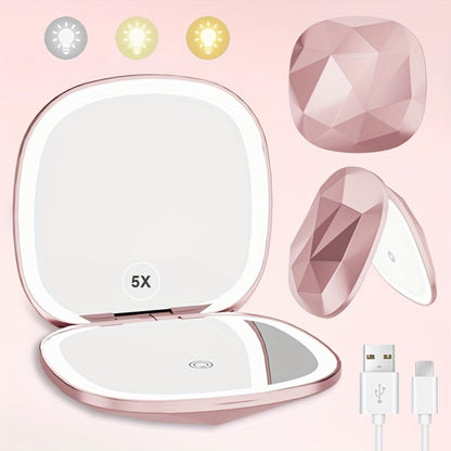 LED Makeup Mirror with 5X Magnification & 3 Color Lights – Dual Sided 1X 5X Lighted Vanity Mirror, Portable Compact Travel Mirror for Women