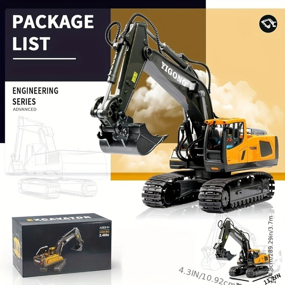Remote Control Excavator Toy Set for Kids with Metal Shovel Bucket LED Lights & 1200mAh Rechargeable Battery