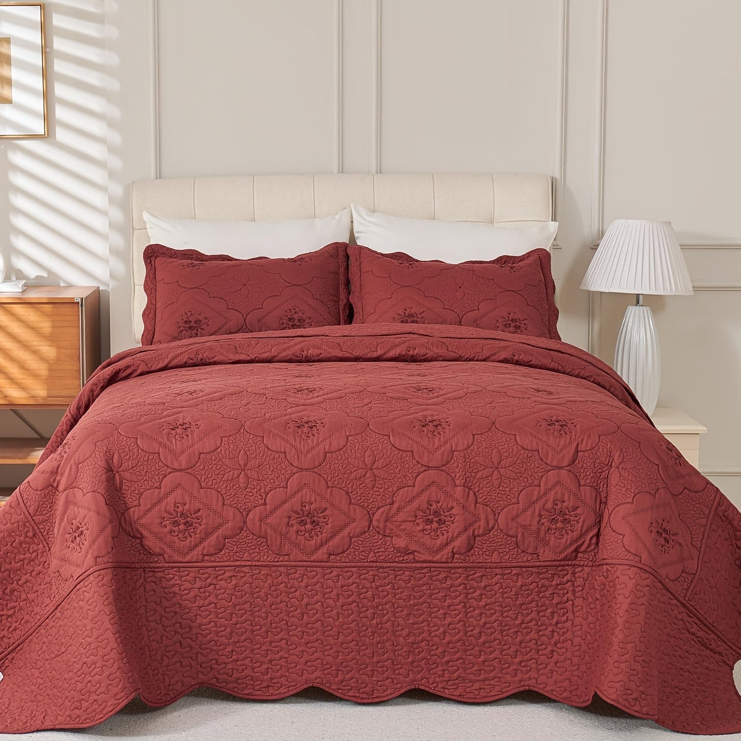 Quilt Set 3 Piece Floral Embroidery Bedspread – 100% Polyester Wrinkle Resistant Lightweight Quilted Coverlet with 2 Pillow Shams for Full