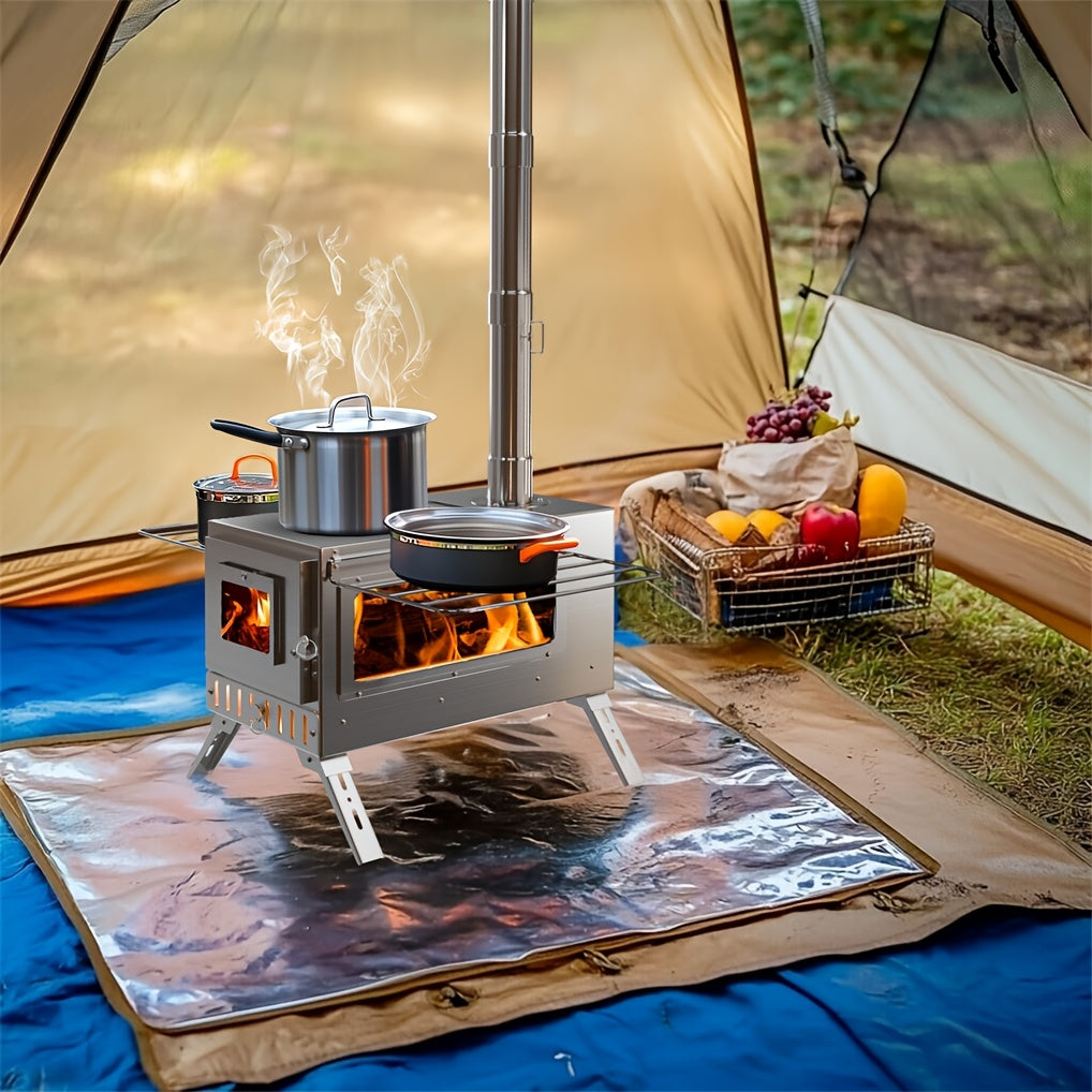 Wood Burning Stove Portable Camping Tent Stove with 7 Detachable Chimney Pipes, Stainless Steel, Adjustable Height