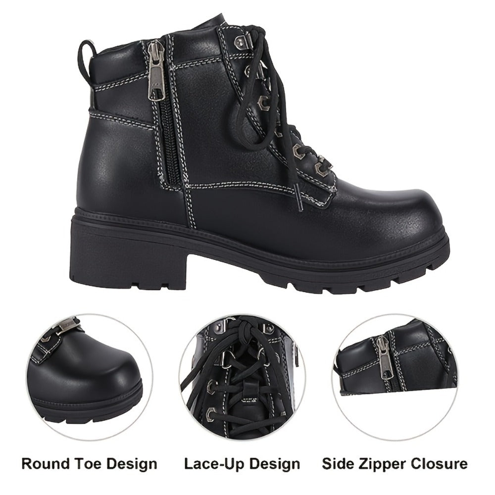 Women's Motorcycle Riding Boots, Low Heel Lace-Up Ankle Booties with Side Zipper, Non-Slip Rubber Sole Biker Combat Boots in Black Faux
