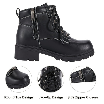 Women's Motorcycle Riding Boots, Low Heel Lace-Up Ankle Booties with Side Zipper, Non-Slip Rubber Sole Biker Combat Boots in Black Faux