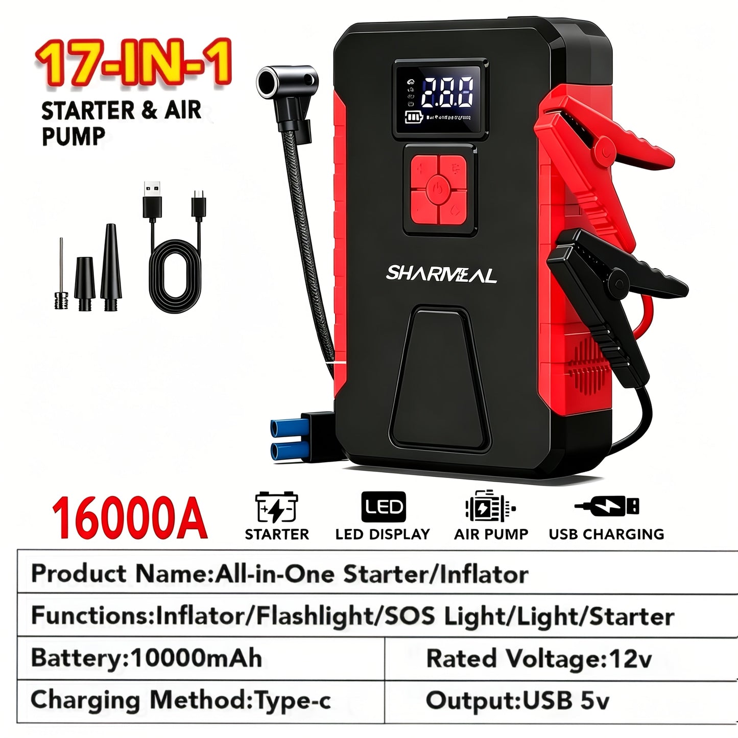 Portable Jump Starter with Air Compressor – 15000A-19000A Peak 350PSI 12V 17-in-1 Car Battery Jump Starter, Digital Display