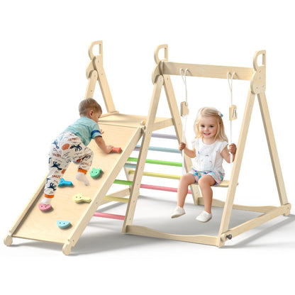 Foldable Indoor Wooden Jungle Gym for Toddlers, 4-in-1 Climbing Frame with Swing, Slide & Ladder