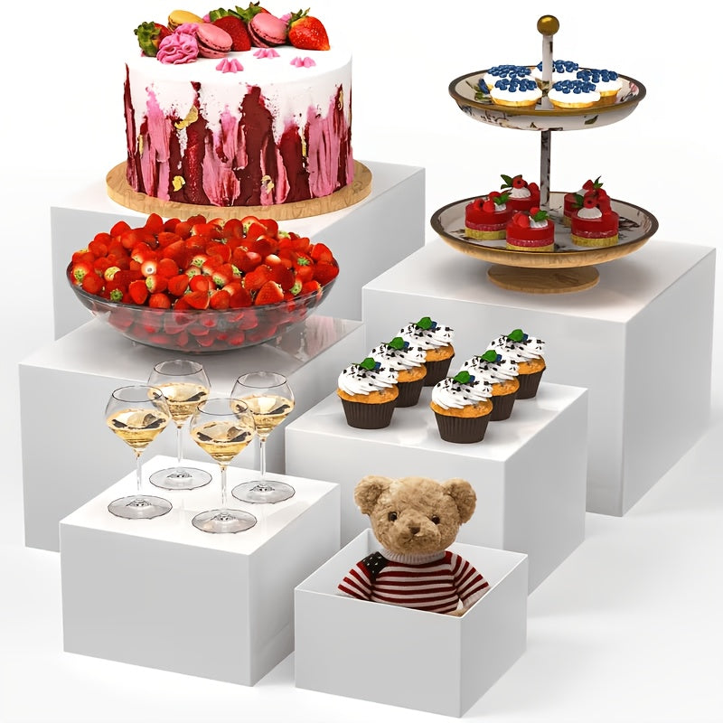 Display Stands 6pcs Five-Sided Square Buffet Risers – White Transparent Dessert Cake Display Storage Rack for Party Wedding Catering Retail