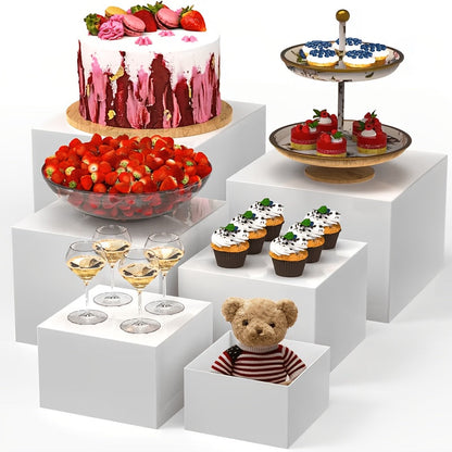 Display Stands 6pcs Five-Sided Square Buffet Risers – White Transparent Dessert Cake Display Storage Rack for Party Wedding Catering Retail