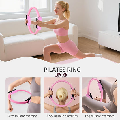 Pink 14-Piece Pilates Ring Set with Two Balls, Five Resistance Bands, Foam Block and Drawstring Bag