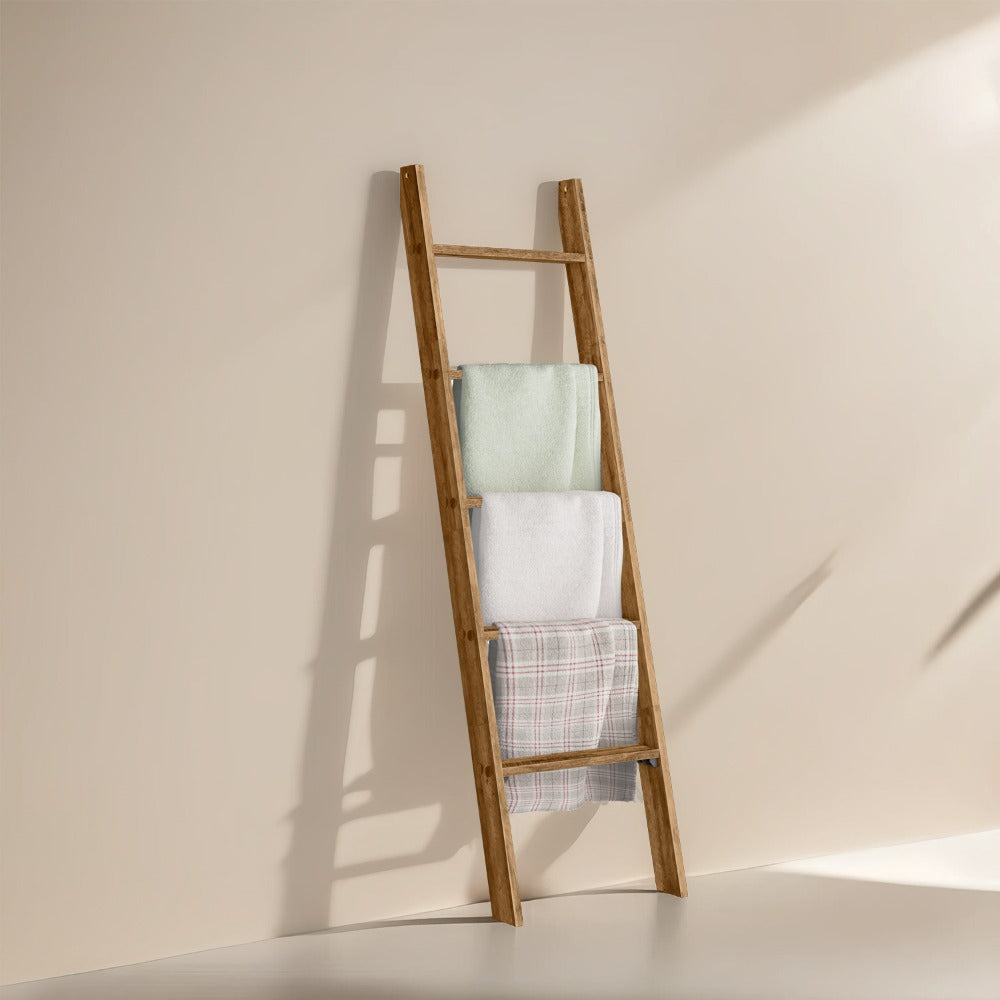 Blanket Ladder Shelf 5-Tier Freestanding Wood Ladder Rack for Blankets Towels Books Decor for Laundry Rooms, Closets and Home Organization