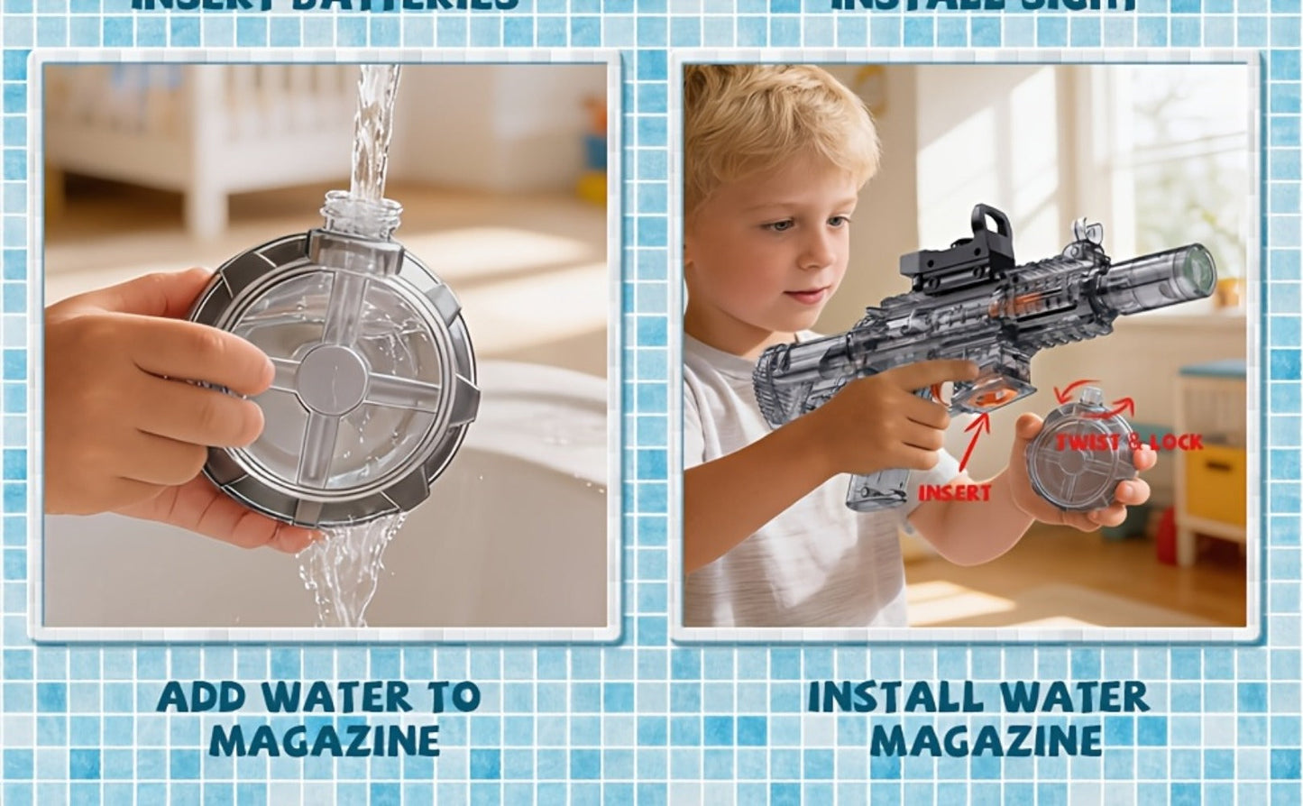 Electric Water Blaster with Detachable Round Reservoir, Sight Accessory and Black or Blue Body