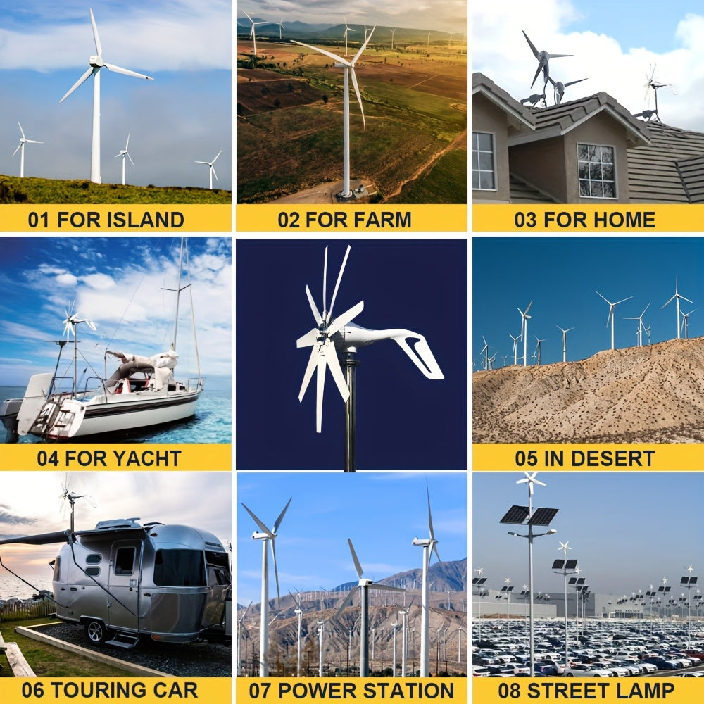Wind Power Generator 1000W Horizontal Axis, 12V 24V with MPPT Controller, 6-Blade Coreless Magnet