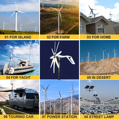 Wind Turbine Generator 1000W 12V/24V, 8-Blade MPPT Controller Kit, Coreless Magnet Home Rooftop Off-Grid Power System Windmill