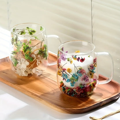 Double Wall Glass Coffee Cups with Handle Set of 4 – Borosilicate Thermal Mugs for Latte Cappuccino Tea | Dried Flower & Petal Design