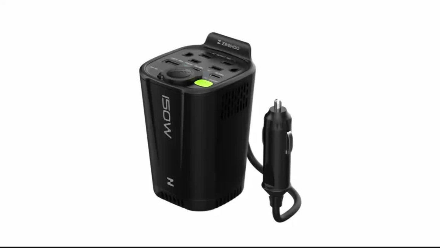 Black 150W Vertical Car Power Inverter with Two 110V AC Outlets, USB-A and USB-C Ports for Vehicles