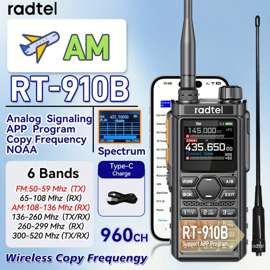 Tri-Band Ham Radio Handheld Walkie Talkie Radtel RT-910B, 6M VHF UHF Air Band Two-Way Radio, APP Programming