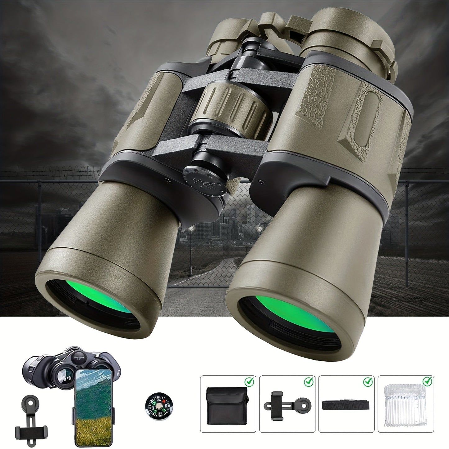 Full-Size 10x50 Binoculars with Smartphone Adapter, Carry Case and Neck Strap in Black, Mud or Green