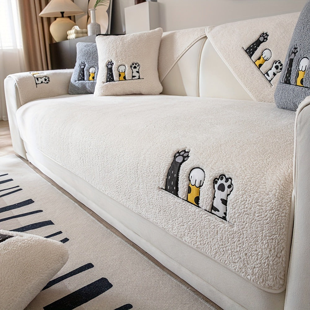 Sofa Cover, Sherpa Plush Cat-Paw Embroidered Seat Pad with Backing Detail in Four Colors and Seven Sizes