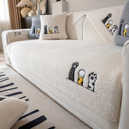 Sofa Cover, Sherpa Plush Cat-Paw Embroidered Seat Pad with Backing Detail in Four Colors and Seven Sizes