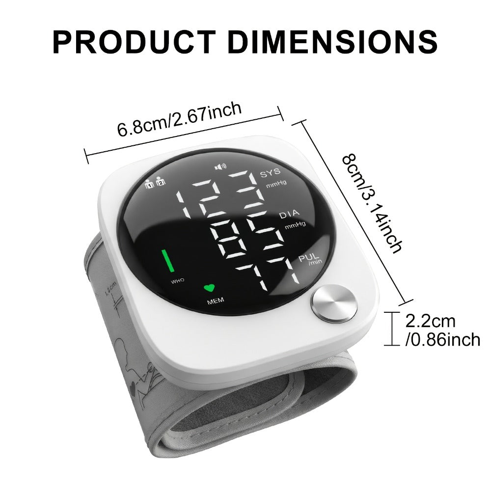 Blood Pressure Monitor for Wrist, USB-Rechargeable LCD Device with Voice and Dual-User Memory
