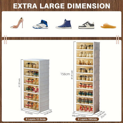 Shoe Rack Organizer 9-Tier, Collapsible Clear Plastic Foldable Stackable Shoe Cabinet with Shelves & Doors