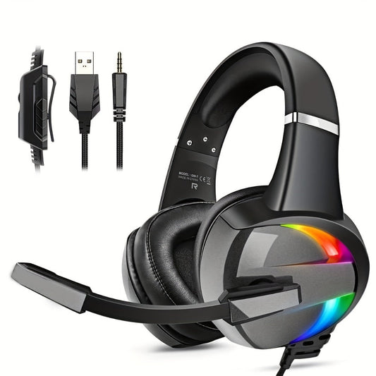 Black Wired Gaming Headset with Boom Microphone, RGB-Style Earcup Lighting and Inline Cable Controls