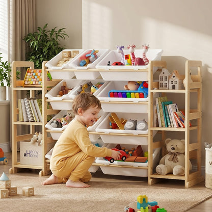 Kids Storage Organizer with 12 Bins and Bookshelf - Wooden Toy Chest Cubby Unit for Playroom Bedroom
