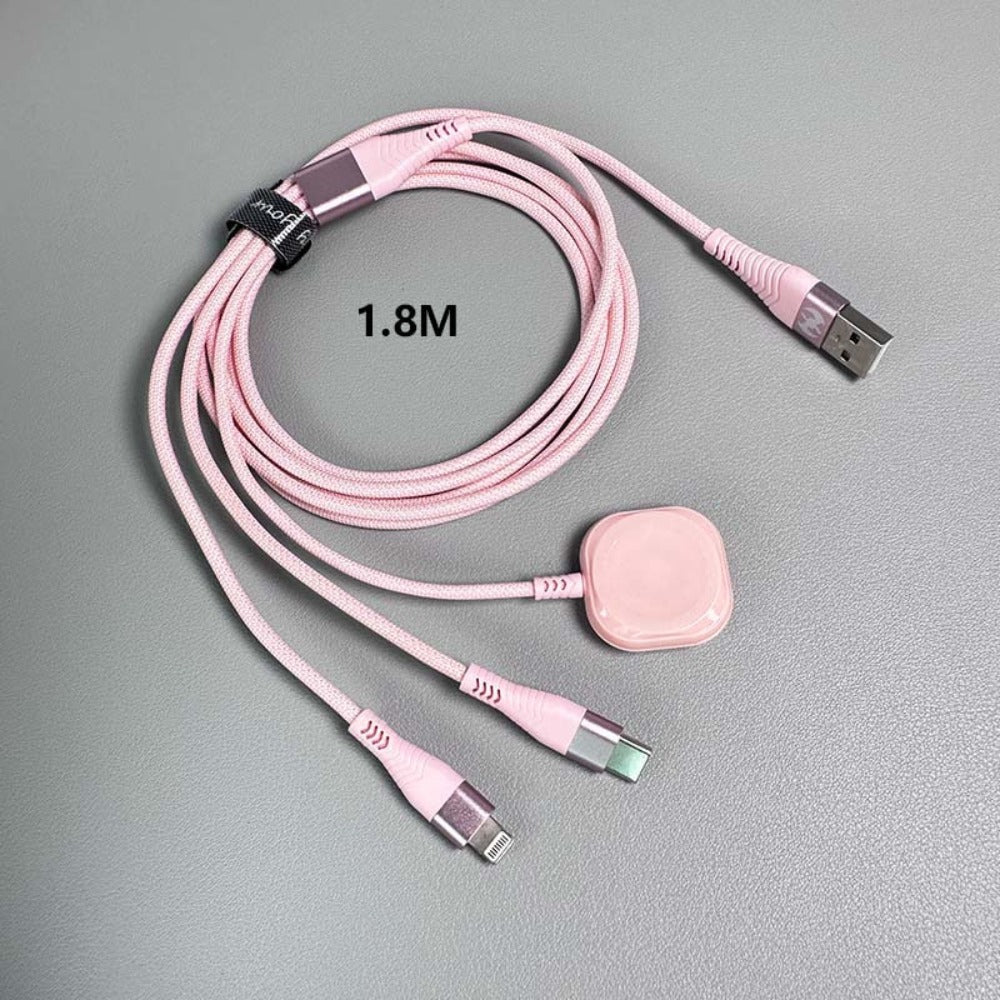 71-Inch Pink Braided Charging Cable with USB-A Input, Lightning, USB-C and Magnetic Watch Pad