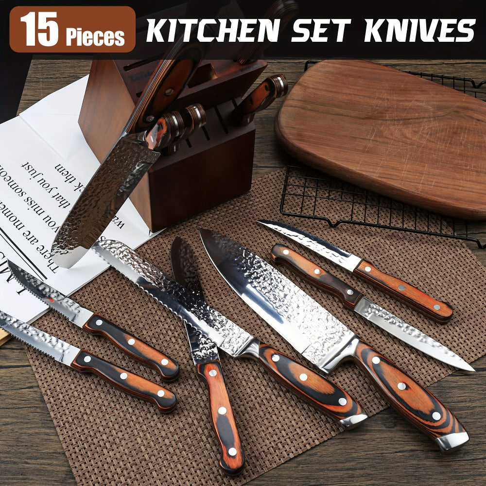 Kitchen Knife Set 15-Piece & 20-Piece Professional Chef Knives with Block Sharpener Ultra-Sharp Medium Carbon Stainless Steel Hammered Blade