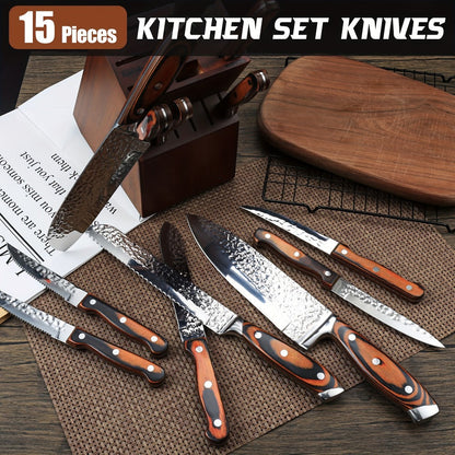 Kitchen Knife Set 15-Piece & 20-Piece Professional Chef Knives with Block Sharpener Ultra-Sharp Medium Carbon Stainless Steel Hammered Blade