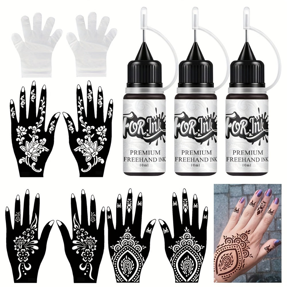 Fake Freckles Jagua Gel Kit Semi-Permanent Temporary Tattoo Ink, 3 Brown & Red Ink Bottles, 6 Stencils &