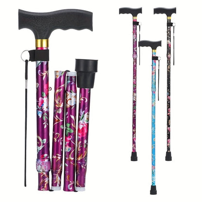 Foldable Walking Cane for Seniors Adjustable Height Folding Stick with Wrist Strap T-Handle for Entryways, Bedrooms and Living Spaces