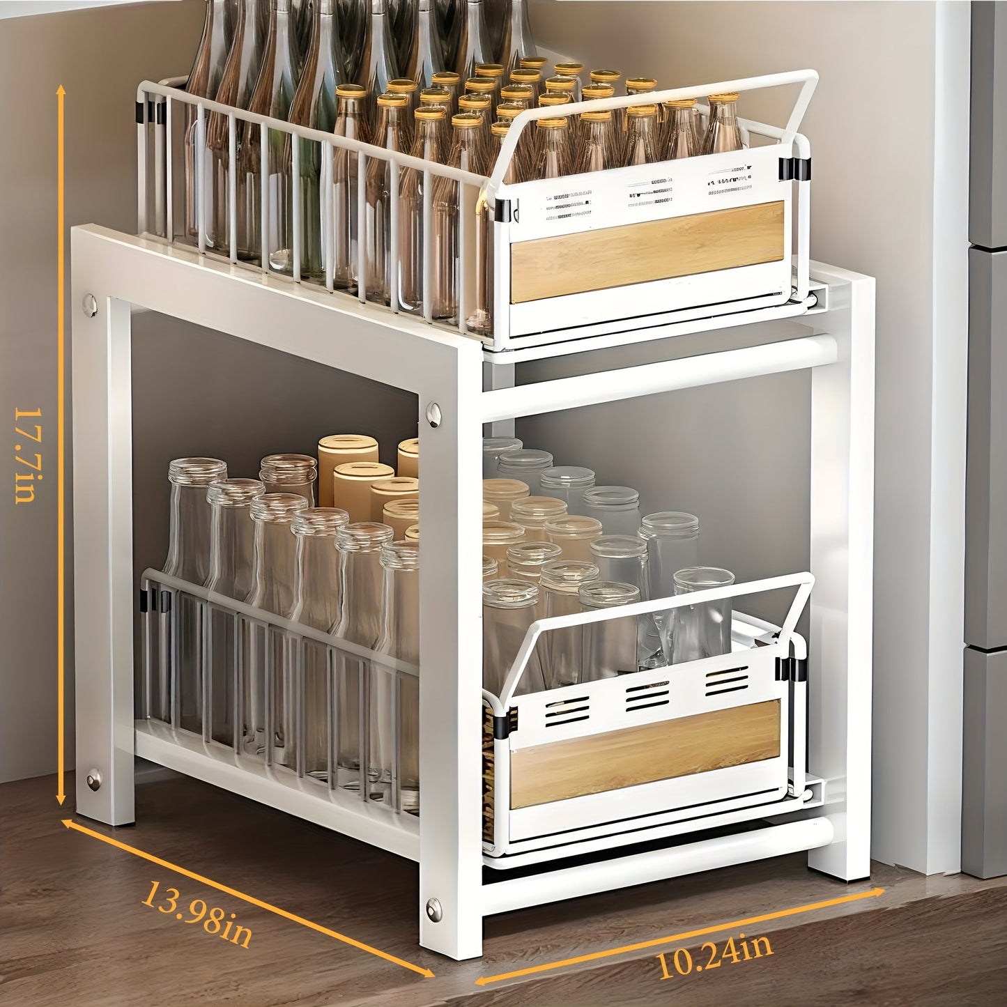 Two-Tier Pull-Out Cabinet Organizer with Dual Wire Baskets, 17.71 x 13.98 x 10.24 Inch Frame in Black or White