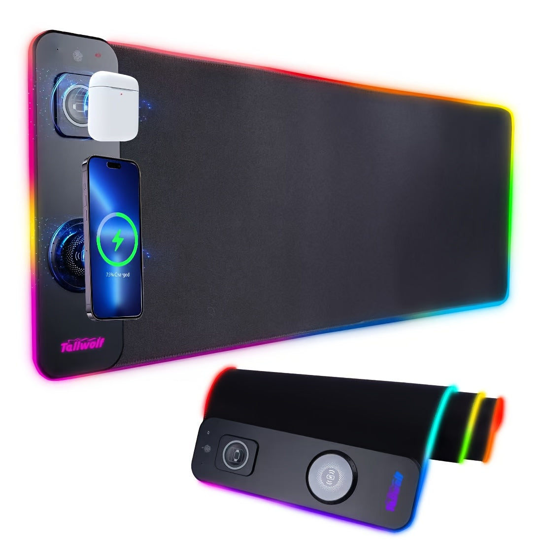 3-in-1 Wireless Charging Mouse Pad RGB, 15W Qi Charger for Phone, Watch & Mouse, 10 LED Modes, Magnetic Rechargeable Mouse Included