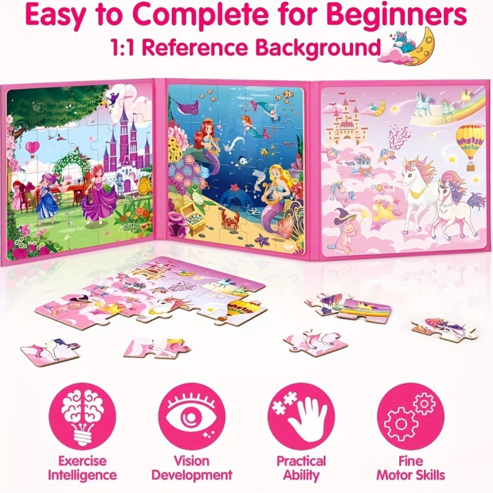 Magnetic Puzzle Book for Girls 3 4 5 6, 3-in-1 Unicorn Mermaid Princess Travel Puzzles, 20 Pieces Folding Magnetic Jigsaw for Toddlers