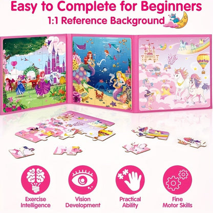 Magnetic Puzzle Book for Girls 3 4 5 6, 3-in-1 Unicorn Mermaid Princess Travel Puzzles, 20 Pieces Folding Magnetic Jigsaw for Toddlers