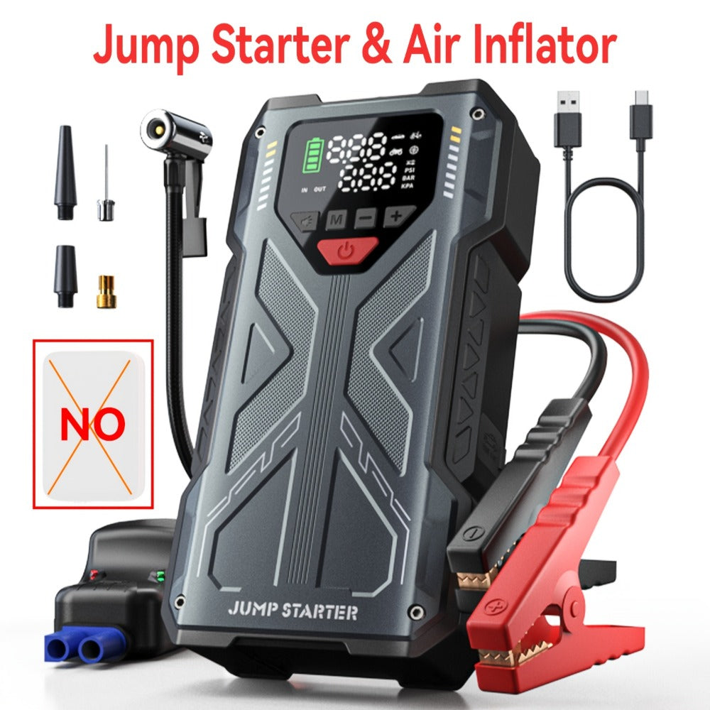 Portable Jump Starter 9-in-1 with Air Compressor – 12V Car Battery Booster for 8.0L Gas & 6.5L Diesel, USB-C, LED Emergency Light