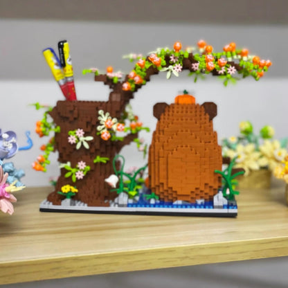 Building Block Set Capybara Pen Holder, 1880 Micro Pieces with Flowering Tree, Pencil Storage and 22cm Base