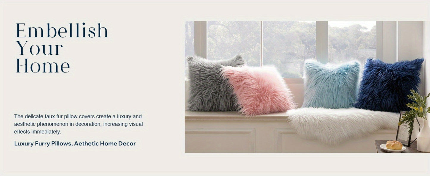 Faux Fur Throw Pillow Covers Pack of 2 – Luxury Soft Fluffy Decorative Cushion Covers for Couch Bed Sofa, Pet Friendly, Zipper Closure