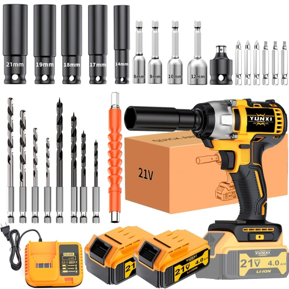 21V Cordless Drill Brushless Impact Wrench Multifunctional, Lithium Battery, Quick Charger, Variable Speed
