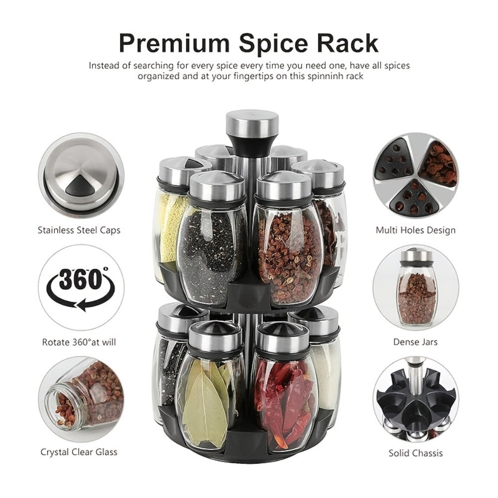 Glass Spice Jar Set with Rotating Rack, Airtight Kitchen Spice Organizer with 360° Stainless Steel Stand