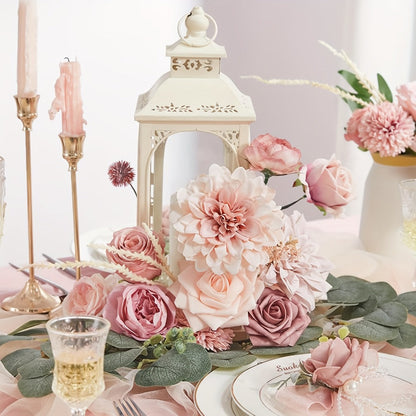 Pink Rose Dahlia Faux Flowers Box - Realistic PE Foam Artificial Flowers with Wire Stems for Entryways, Bedrooms and Living Spaces