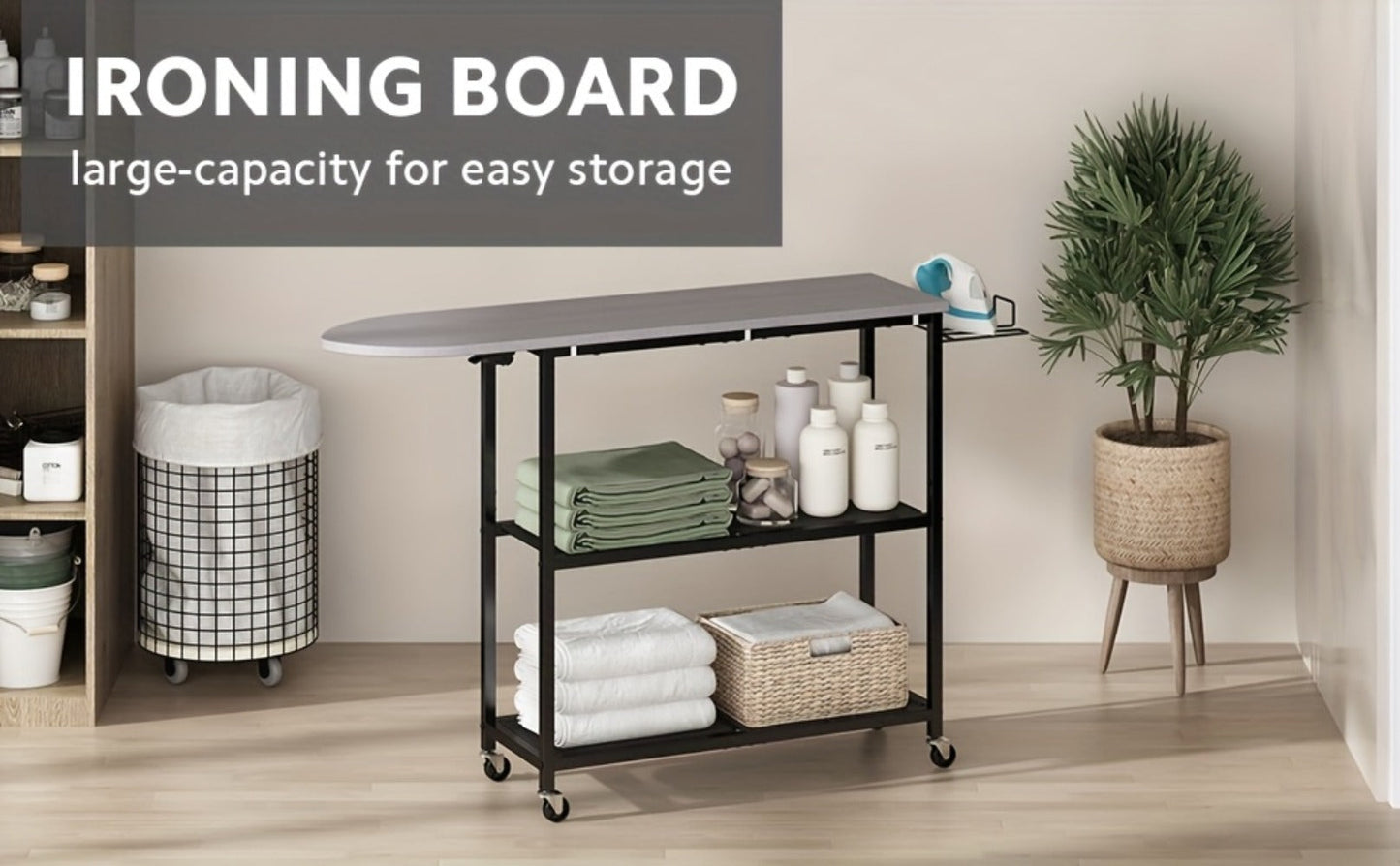 3-Tier Ironing Board Cart with Wheels, Rolling Laundry Station with Multi-Layer Storage Shelves for Living Room