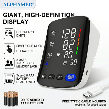 Upper Arm Blood Pressure Monitor, Digital BP Machine, Large LED Display, 2-User 198 Memory, Adjustable Cuff 8.7-17in