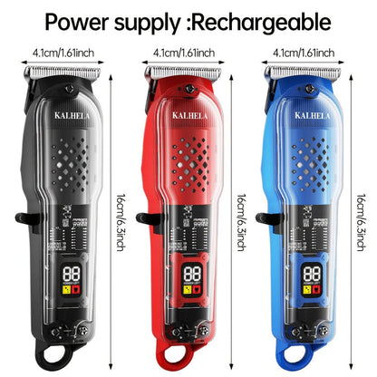 Transparent Electric Hair Clipper with Digital Display, Four Guide Combs, Grooming Tools and Red, Black or Blue Finish