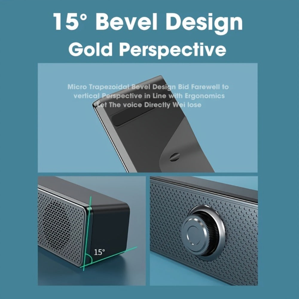 USB Wired Desktop Speaker Bar with 4D Audio Effect & Blue LED - Stereo Sound, 3.5mm AUX Input, Independent Volume Control