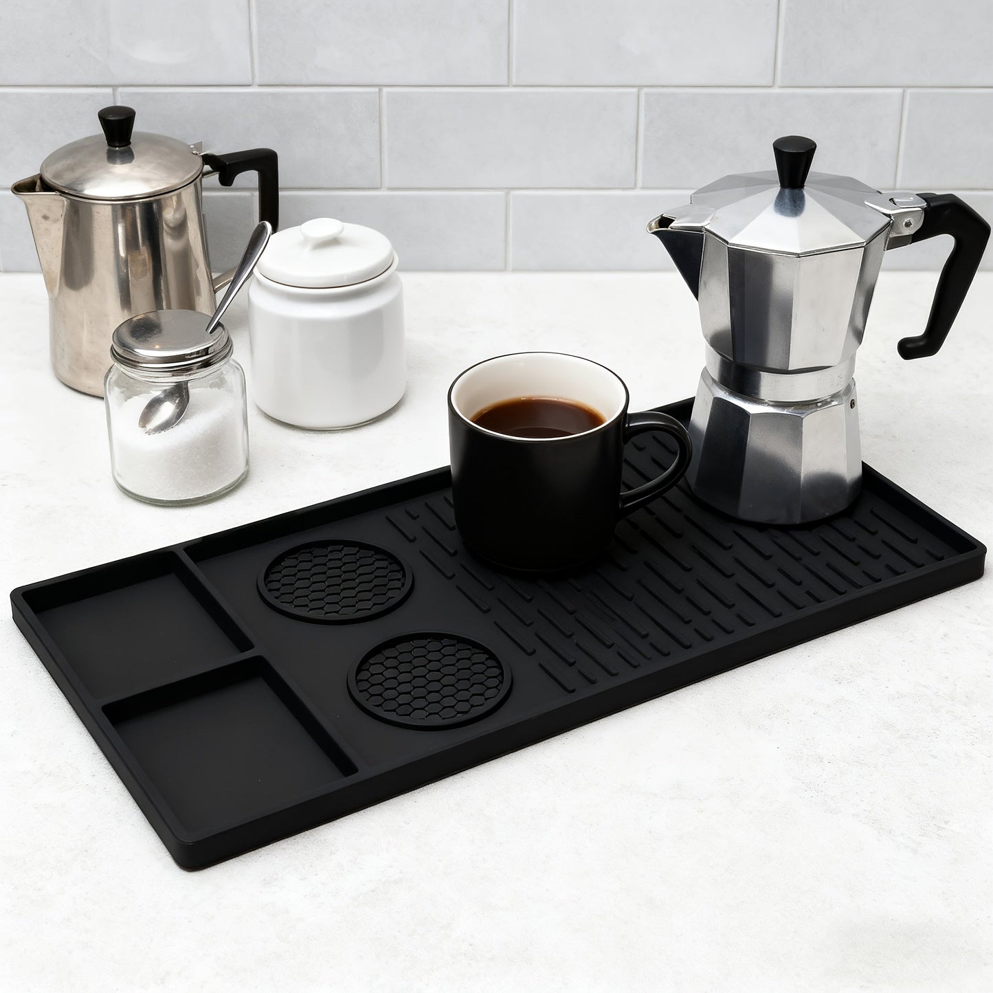 Coffee Bar Mat Silicone with Raised Edges 2-in-1 - Dish Drying Mat for Countertop, Coffee Maker Espresso Machine Mat