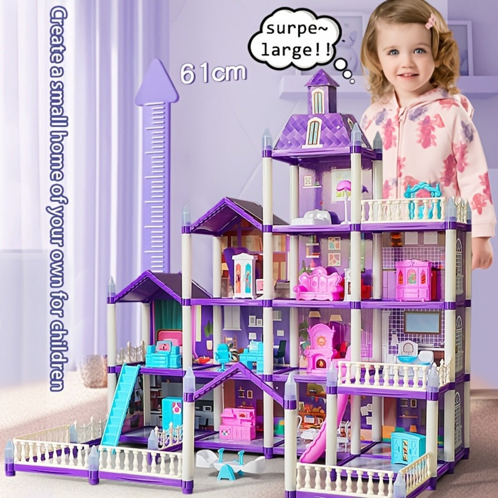 LED Dollhouse Playset for Girls, Purple Multi-Room Playhouse with Doll Figures, Puppies, Furniture & LED Lighting