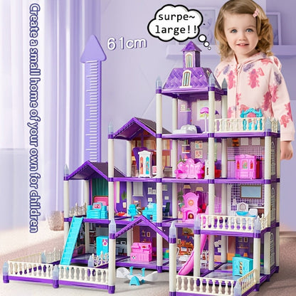 LED Dollhouse Playset for Girls, Purple Multi-Room Playhouse with Doll Figures, Puppies, Furniture & LED Lighting